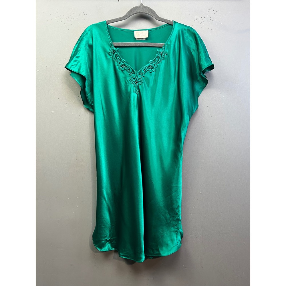 California Dynasty Nightgown Womens Medium Green Satin Lace Trim Flutter Vintage